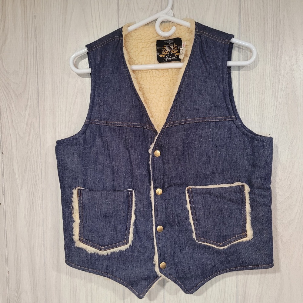 Vtg Mens Medium Denim Sherpa Lined Jean Vest Western Riding Rodeo Trucker